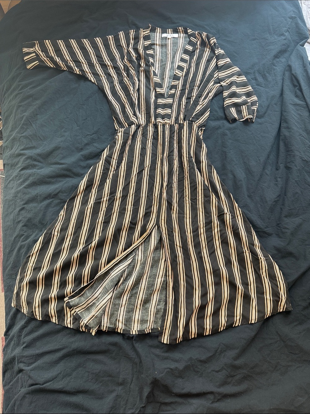 Aura Black and Cream Vertical-Stripe V-Neck Midi Dress
